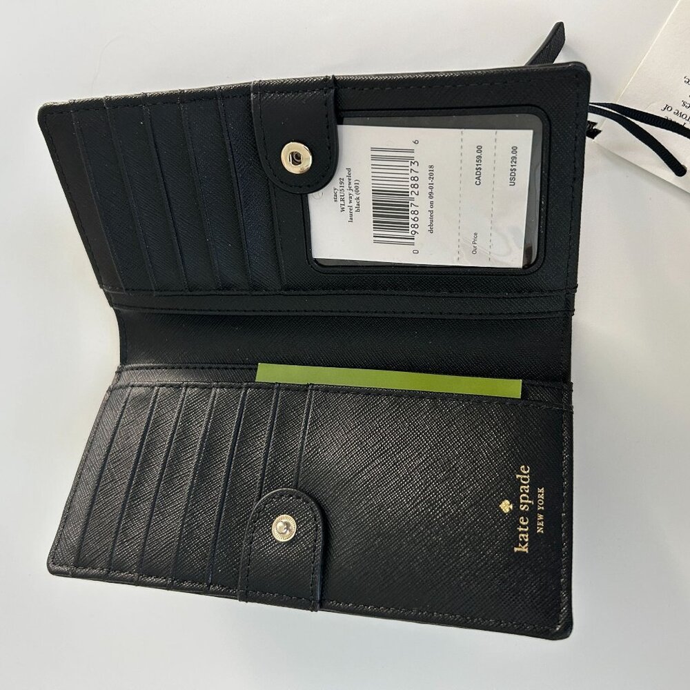 NWT Kate Spade Stacy Laurel Way Black Jeweled Wallet Bow Saffiano Leather - Picture 4 of 10